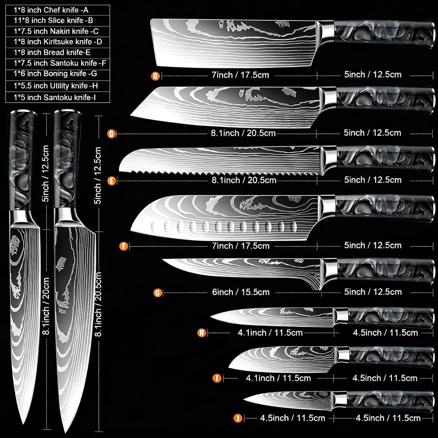 8-Piece Premium Japanese Kitchen Knife Set - Star Collection, Laser Damascus Pattern, 440A Stainless Steel Ultra Sharp for Fast Cutting (Blue 8J)