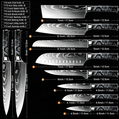 8-Piece Premium Japanese Kitchen Knife Set - Star Collection, Laser Damascus Pattern, 440A Stainless Steel Ultra Sharp for Fast Cutting (Blue 8J)