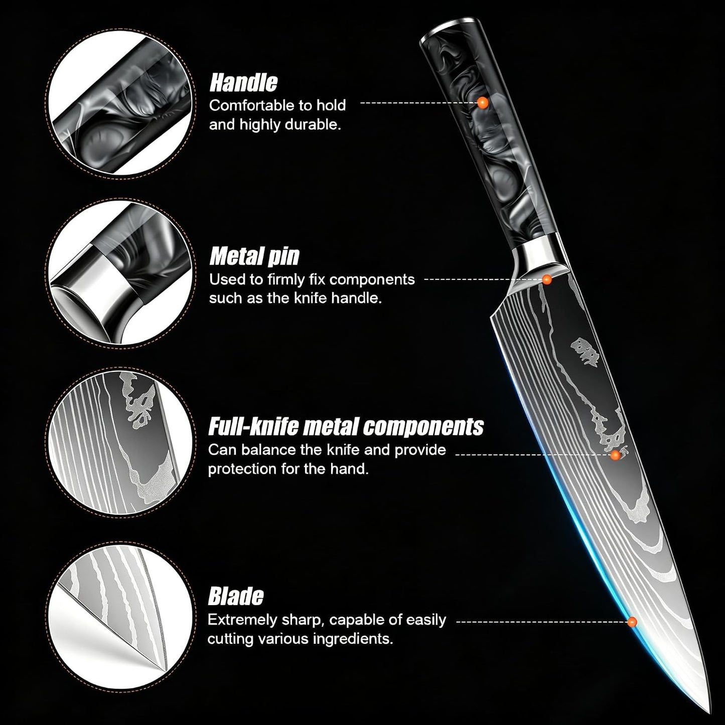 8-Piece Premium Japanese Kitchen Knife Set - Star Collection, Laser Damascus Pattern, 440A Stainless Steel Ultra Sharp for Fast Cutting (Blue 8J)