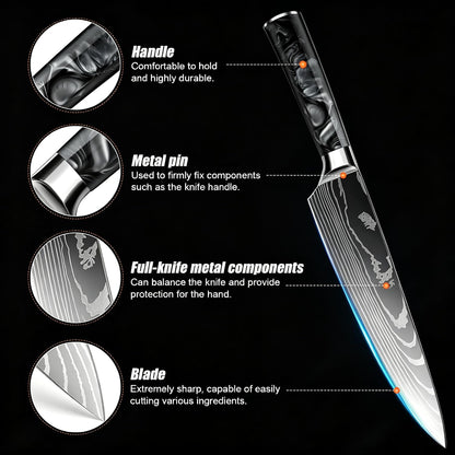 8-Piece Premium Japanese Kitchen Knife Set - Star Collection, Laser Damascus Pattern, 440A Stainless Steel Ultra Sharp for Fast Cutting (Blue 8J)