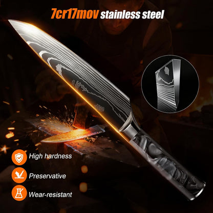 8-Piece Premium Japanese Kitchen Knife Set - Star Collection, Laser Damascus Pattern, 440A Stainless Steel Ultra Sharp for Fast Cutting (Blue 8J)