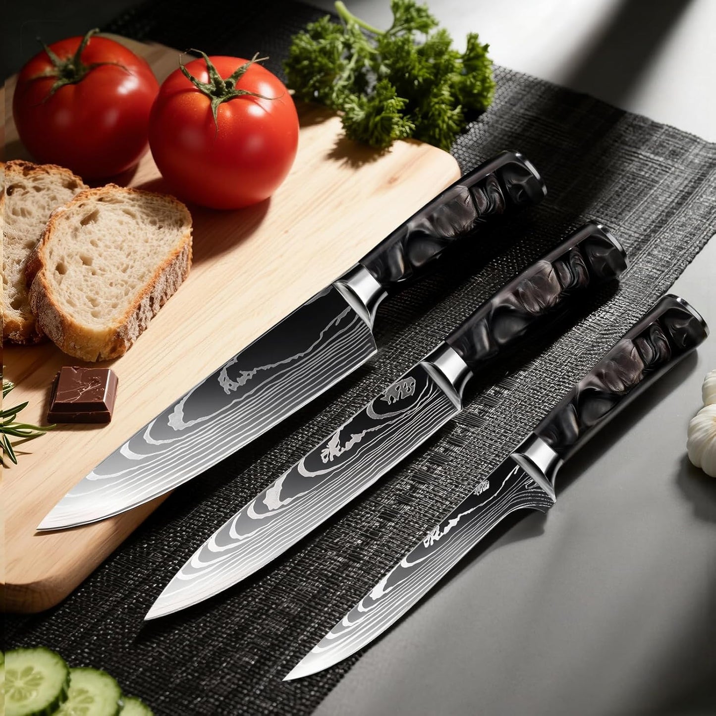 8-Piece Premium Japanese Kitchen Knife Set - Star Collection, Laser Damascus Pattern, 440A Stainless Steel Ultra Sharp for Fast Cutting (Blue 8J)