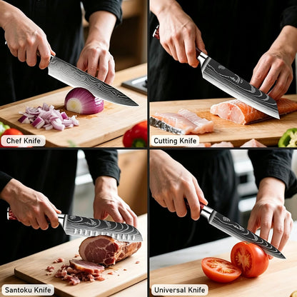 8-Piece Premium Japanese Kitchen Knife Set - Star Collection, Laser Damascus Pattern, 440A Stainless Steel Ultra Sharp for Fast Cutting (Blue 8J)