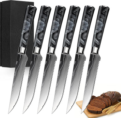 8-Piece Premium Japanese Kitchen Knife Set - Star Collection, Laser Damascus Pattern, 440A Stainless Steel Ultra Sharp for Fast Cutting (Blue 8J)