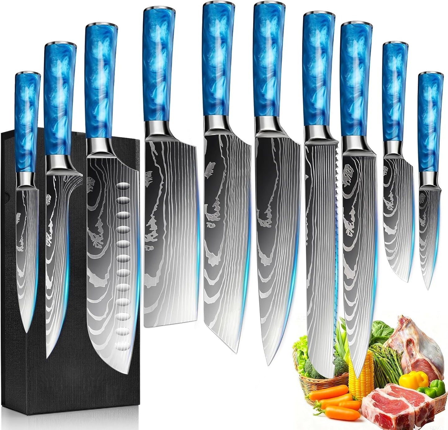 8-Piece Premium Japanese Kitchen Knife Set - Star Collection, Laser Damascus Pattern, 440A Stainless Steel Ultra Sharp for Fast Cutting (Blue 8J)