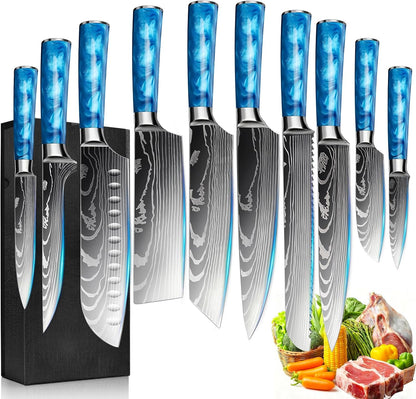8-Piece Premium Japanese Kitchen Knife Set - Star Collection, Laser Damascus Pattern, 440A Stainless Steel Ultra Sharp for Fast Cutting (Blue 8J)