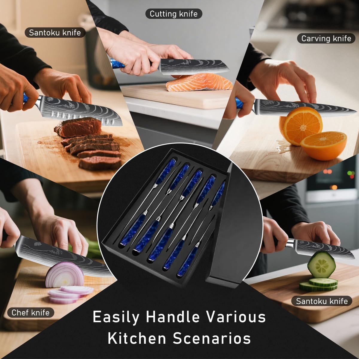 8-Piece Premium Japanese Kitchen Knife Set - Star Collection, Laser Damascus Pattern, 440A Stainless Steel Ultra Sharp for Fast Cutting (Blue 8J)