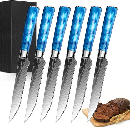 8-Piece Premium Japanese Kitchen Knife Set - Star Collection, Laser Damascus Pattern, 440A Stainless Steel Ultra Sharp for Fast Cutting (Blue 8J)