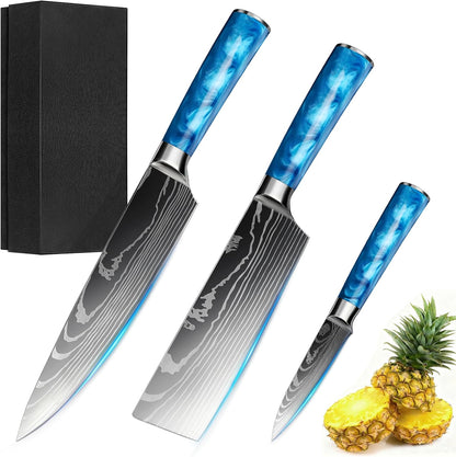 8-Piece Premium Japanese Kitchen Knife Set - Star Collection, Laser Damascus Pattern, 440A Stainless Steel Ultra Sharp for Fast Cutting (Blue 8J)