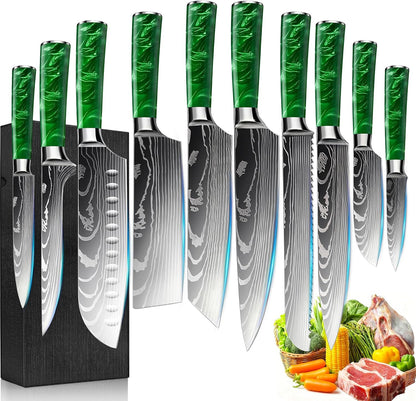 8-Piece Premium Japanese Kitchen Knife Set - Star Collection, Laser Damascus Pattern, 440A Stainless Steel Ultra Sharp for Fast Cutting (Blue 8J)