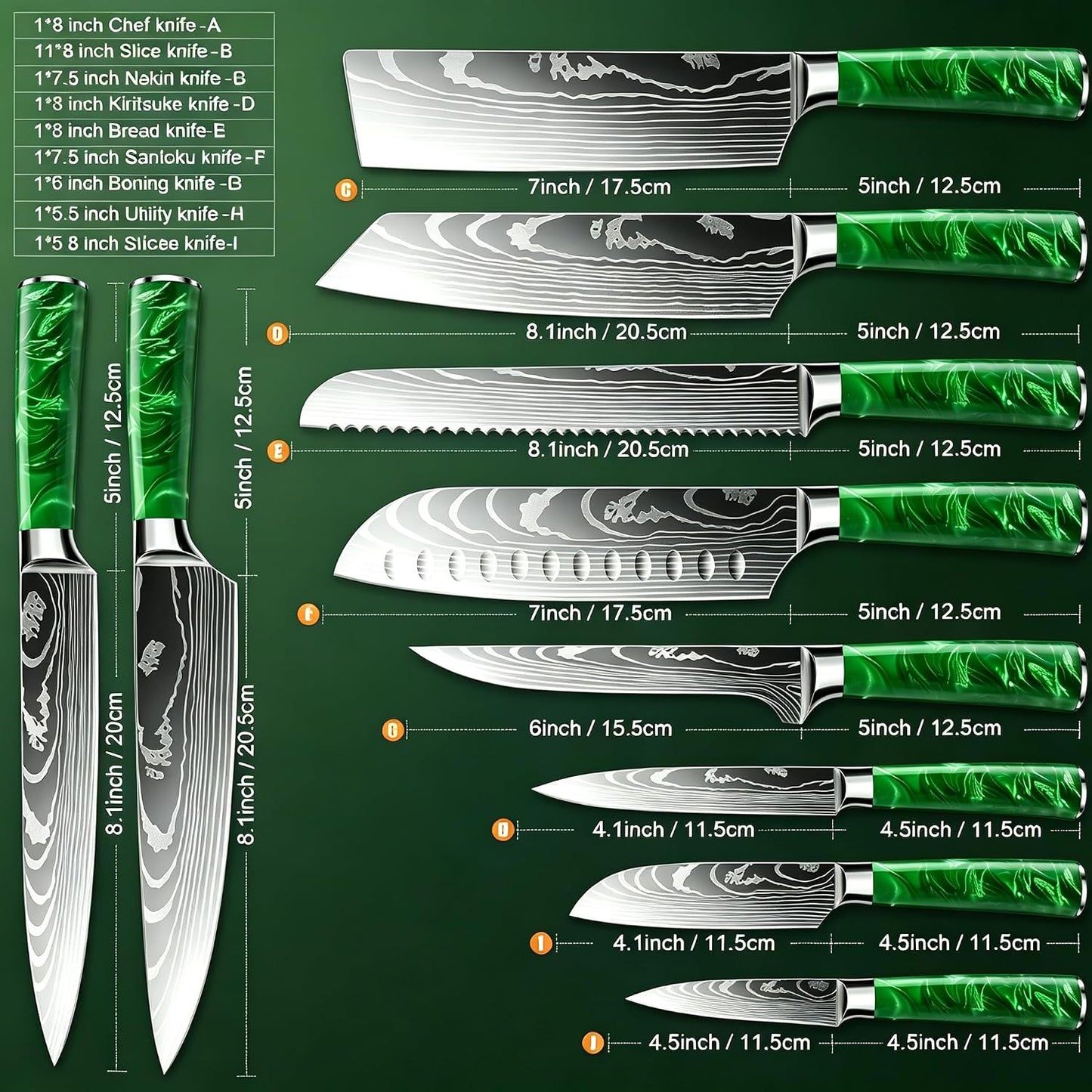 8-Piece Premium Japanese Kitchen Knife Set - Star Collection, Laser Damascus Pattern, 440A Stainless Steel Ultra Sharp for Fast Cutting (Blue 8J)