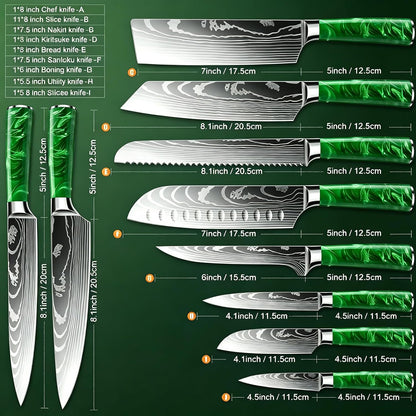 8-Piece Premium Japanese Kitchen Knife Set - Star Collection, Laser Damascus Pattern, 440A Stainless Steel Ultra Sharp for Fast Cutting (Blue 8J)