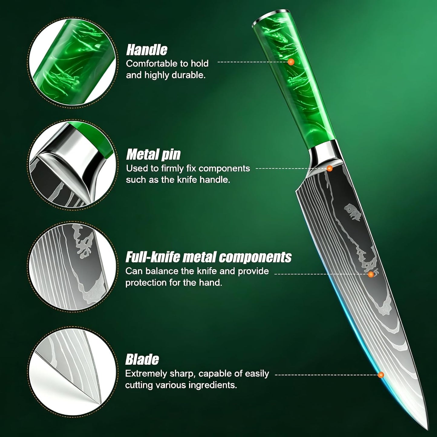 8-Piece Premium Japanese Kitchen Knife Set - Star Collection, Laser Damascus Pattern, 440A Stainless Steel Ultra Sharp for Fast Cutting (Blue 8J)