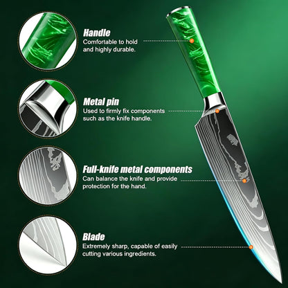 8-Piece Premium Japanese Kitchen Knife Set - Star Collection, Laser Damascus Pattern, 440A Stainless Steel Ultra Sharp for Fast Cutting (Blue 8J)