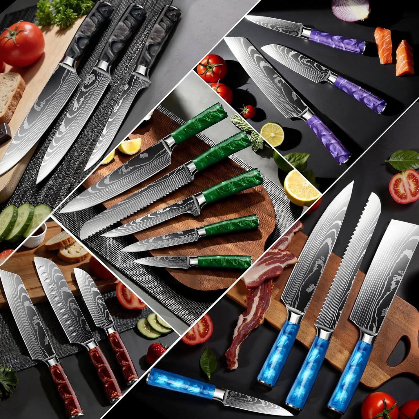 8-Piece Premium Japanese Kitchen Knife Set - Star Collection, Laser Damascus Pattern, 440A Stainless Steel Ultra Sharp for Fast Cutting (Blue 8J)