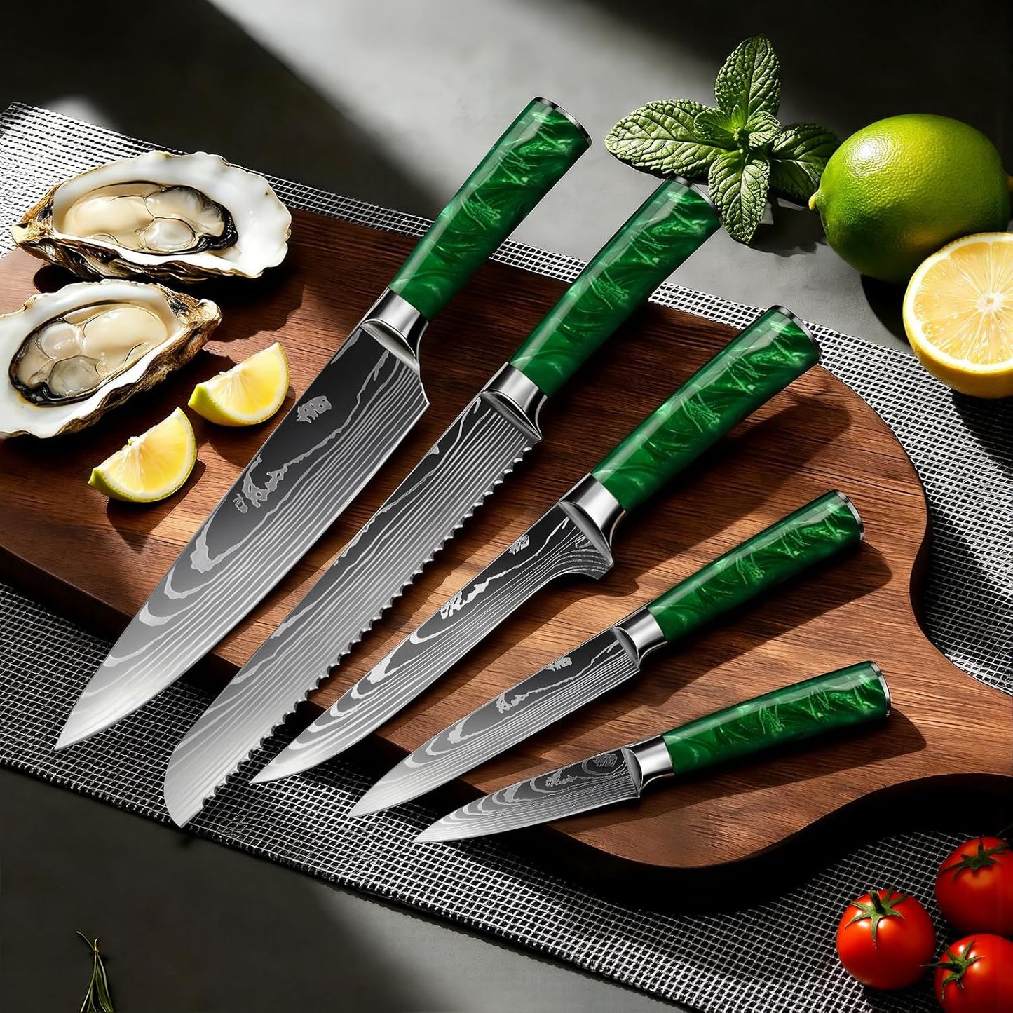 8-Piece Premium Japanese Kitchen Knife Set - Star Collection, Laser Damascus Pattern, 440A Stainless Steel Ultra Sharp for Fast Cutting (Blue 8J)