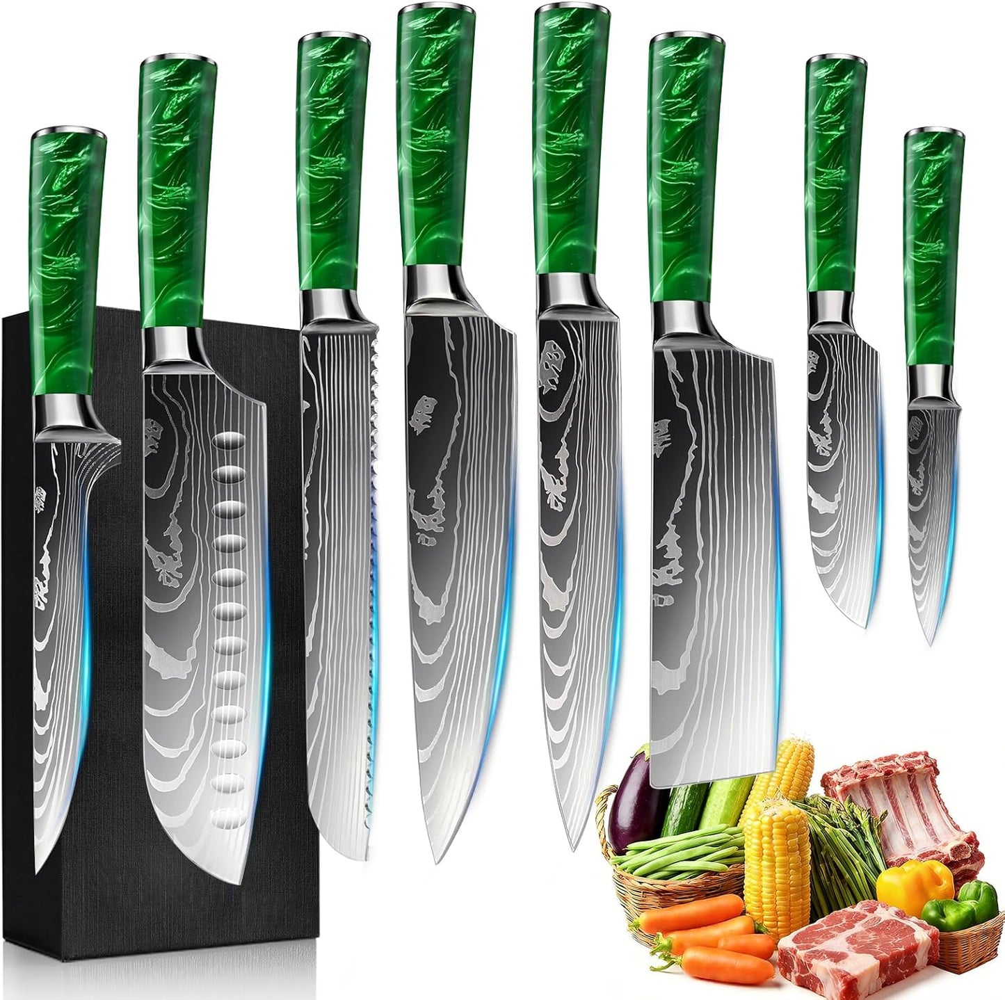 8-Piece Premium Japanese Kitchen Knife Set - Star Collection, Laser Damascus Pattern, 440A Stainless Steel Ultra Sharp for Fast Cutting (Blue 8J)