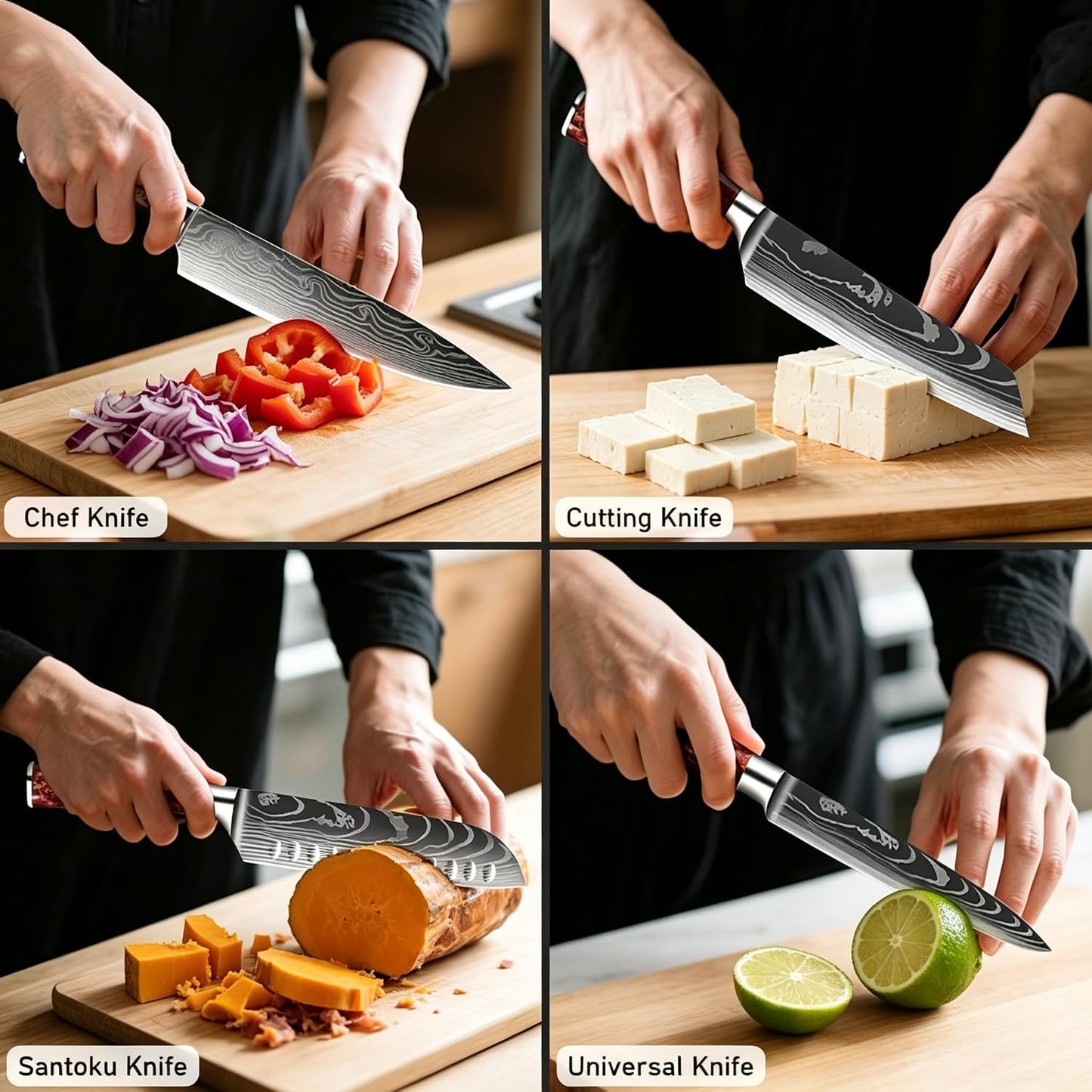 8-Piece Premium Japanese Kitchen Knife Set - Star Collection, Laser Damascus Pattern, 440A Stainless Steel Ultra Sharp for Fast Cutting (Blue 8J)