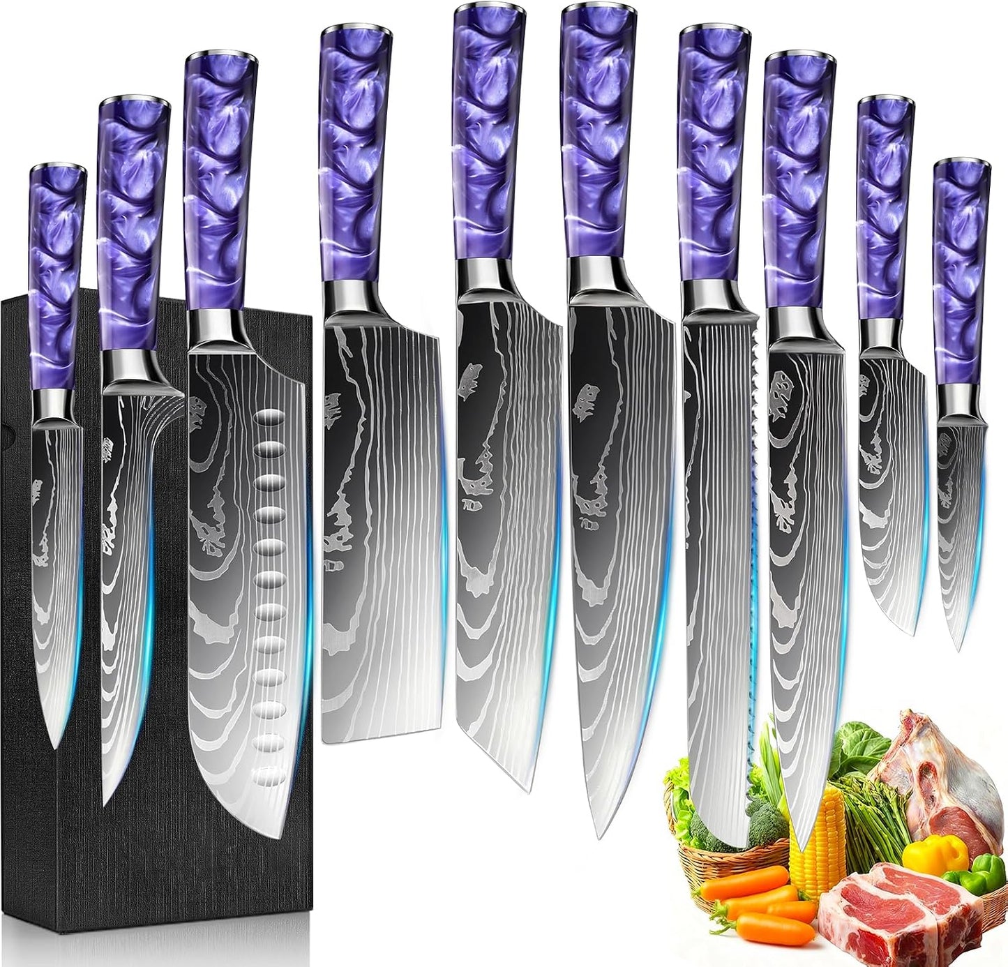 8-Piece Premium Japanese Kitchen Knife Set - Star Collection, Laser Damascus Pattern, 440A Stainless Steel Ultra Sharp for Fast Cutting (Blue 8J)