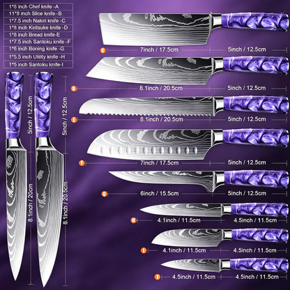 8-Piece Premium Japanese Kitchen Knife Set - Star Collection, Laser Damascus Pattern, 440A Stainless Steel Ultra Sharp for Fast Cutting (Blue 8J)