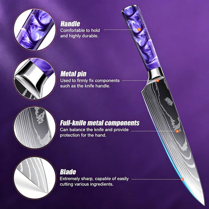 8-Piece Premium Japanese Kitchen Knife Set - Star Collection, Laser Damascus Pattern, 440A Stainless Steel Ultra Sharp for Fast Cutting (Blue 8J)