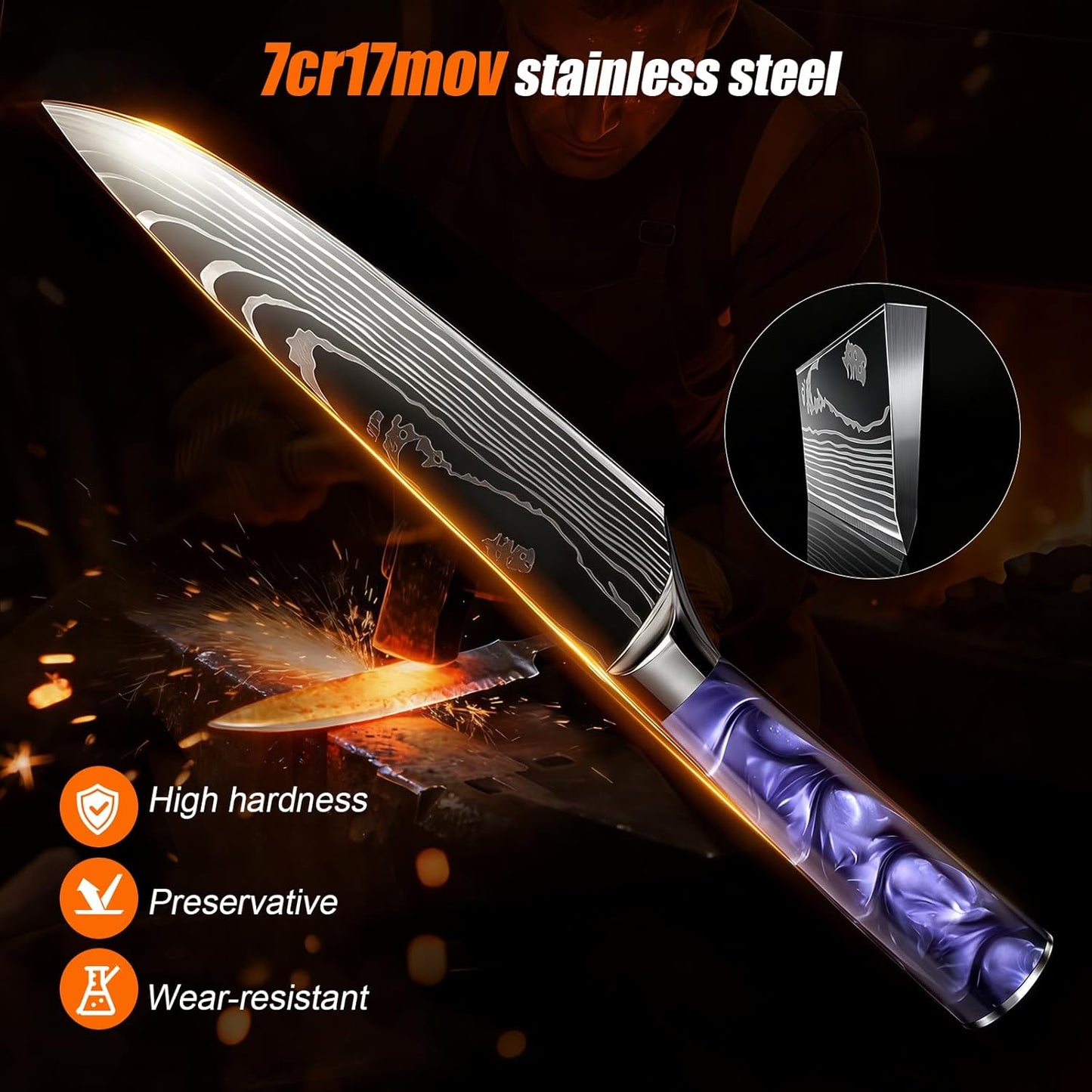 8-Piece Premium Japanese Kitchen Knife Set - Star Collection, Laser Damascus Pattern, 440A Stainless Steel Ultra Sharp for Fast Cutting (Blue 8J)
