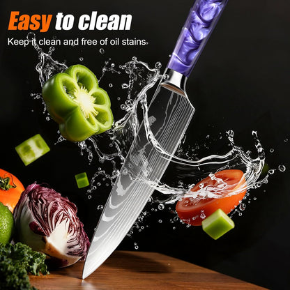 8-Piece Premium Japanese Kitchen Knife Set - Star Collection, Laser Damascus Pattern, 440A Stainless Steel Ultra Sharp for Fast Cutting (Blue 8J)