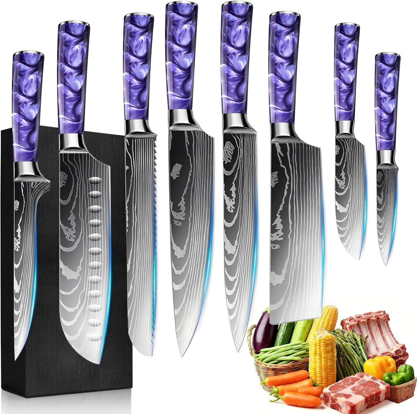 8-Piece Premium Japanese Kitchen Knife Set - Star Collection, Laser Damascus Pattern, 440A Stainless Steel Ultra Sharp for Fast Cutting (Blue 8J)