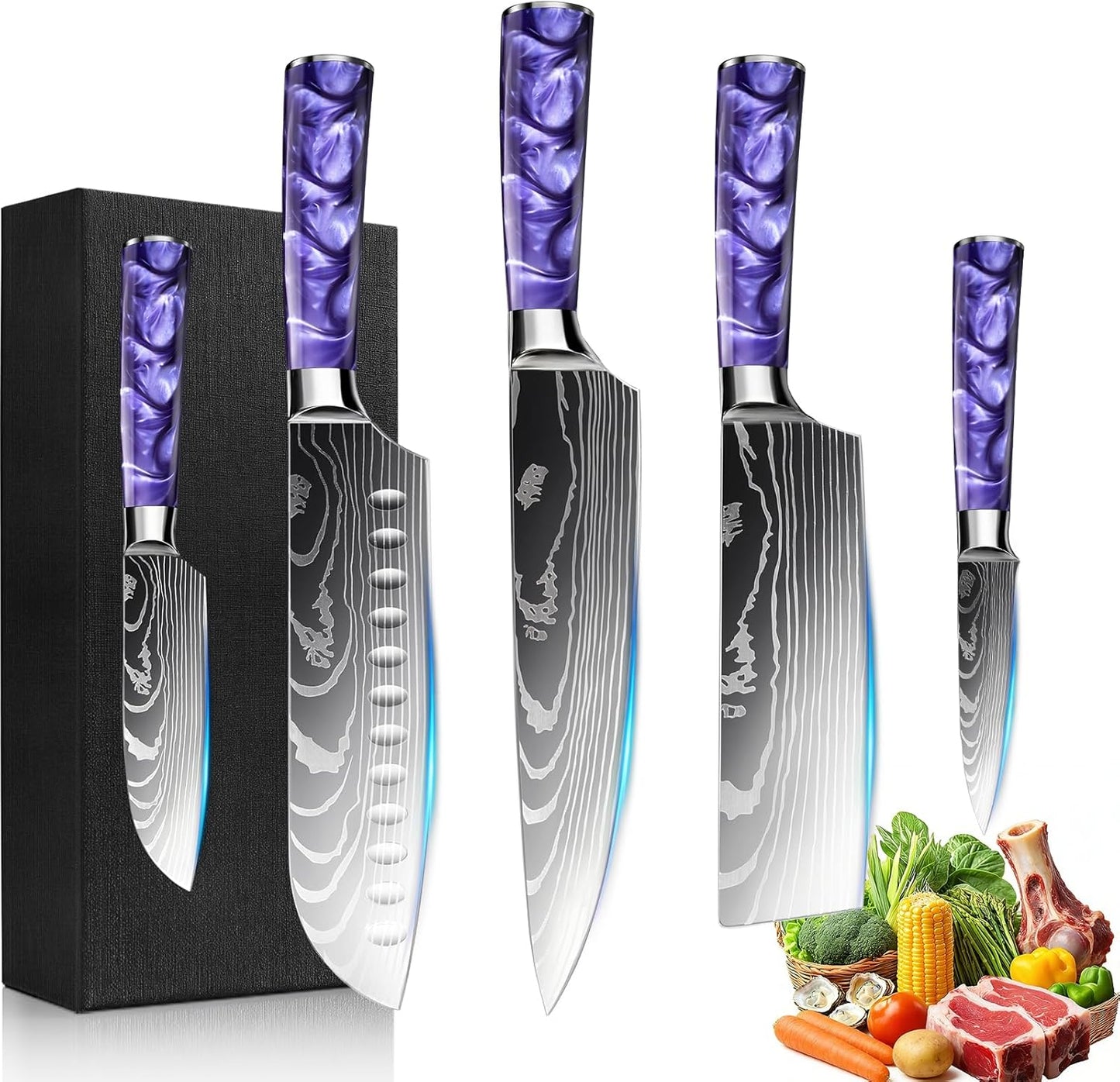 8-Piece Premium Japanese Kitchen Knife Set - Star Collection, Laser Damascus Pattern, 440A Stainless Steel Ultra Sharp for Fast Cutting (Blue 8J)