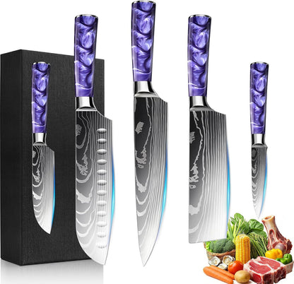 8-Piece Premium Japanese Kitchen Knife Set - Star Collection, Laser Damascus Pattern, 440A Stainless Steel Ultra Sharp for Fast Cutting (Blue 8J)