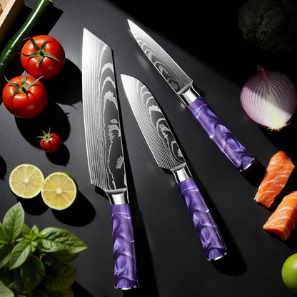 8-Piece Premium Japanese Kitchen Knife Set - Star Collection, Laser Damascus Pattern, 440A Stainless Steel Ultra Sharp for Fast Cutting (Blue 8J)