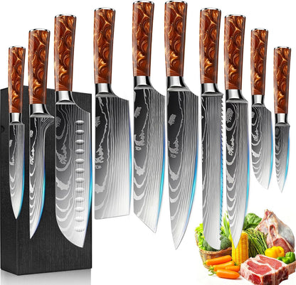 8-Piece Premium Japanese Kitchen Knife Set - Star Collection, Laser Damascus Pattern, 440A Stainless Steel Ultra Sharp for Fast Cutting (Blue 8J)