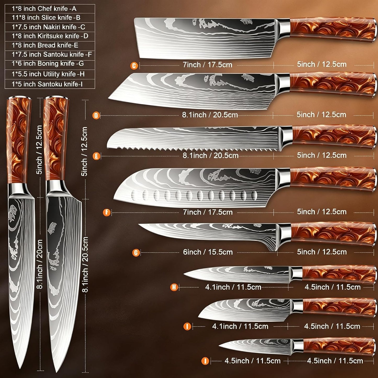 8-Piece Premium Japanese Kitchen Knife Set - Star Collection, Laser Damascus Pattern, 440A Stainless Steel Ultra Sharp for Fast Cutting (Blue 8J)