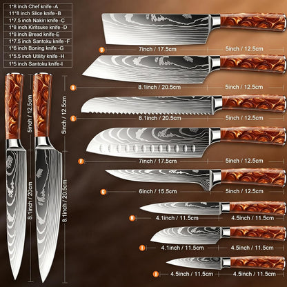 8-Piece Premium Japanese Kitchen Knife Set - Star Collection, Laser Damascus Pattern, 440A Stainless Steel Ultra Sharp for Fast Cutting (Blue 8J)