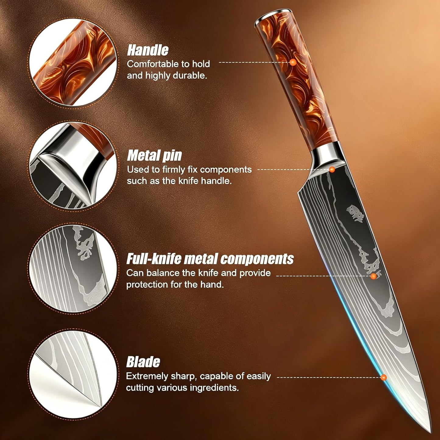 8-Piece Premium Japanese Kitchen Knife Set - Star Collection, Laser Damascus Pattern, 440A Stainless Steel Ultra Sharp for Fast Cutting (Blue 8J)