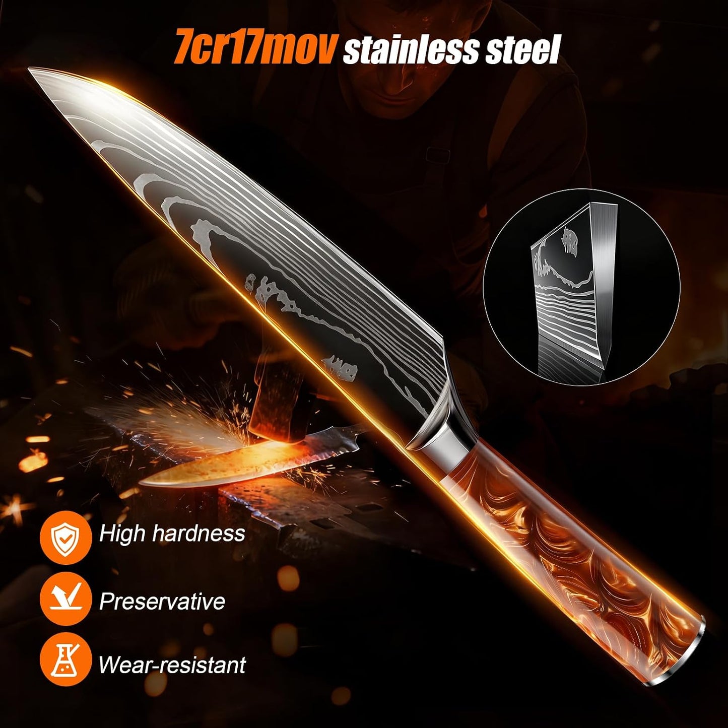 8-Piece Premium Japanese Kitchen Knife Set - Star Collection, Laser Damascus Pattern, 440A Stainless Steel Ultra Sharp for Fast Cutting (Blue 8J)
