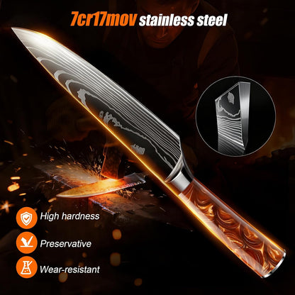 8-Piece Premium Japanese Kitchen Knife Set - Star Collection, Laser Damascus Pattern, 440A Stainless Steel Ultra Sharp for Fast Cutting (Blue 8J)