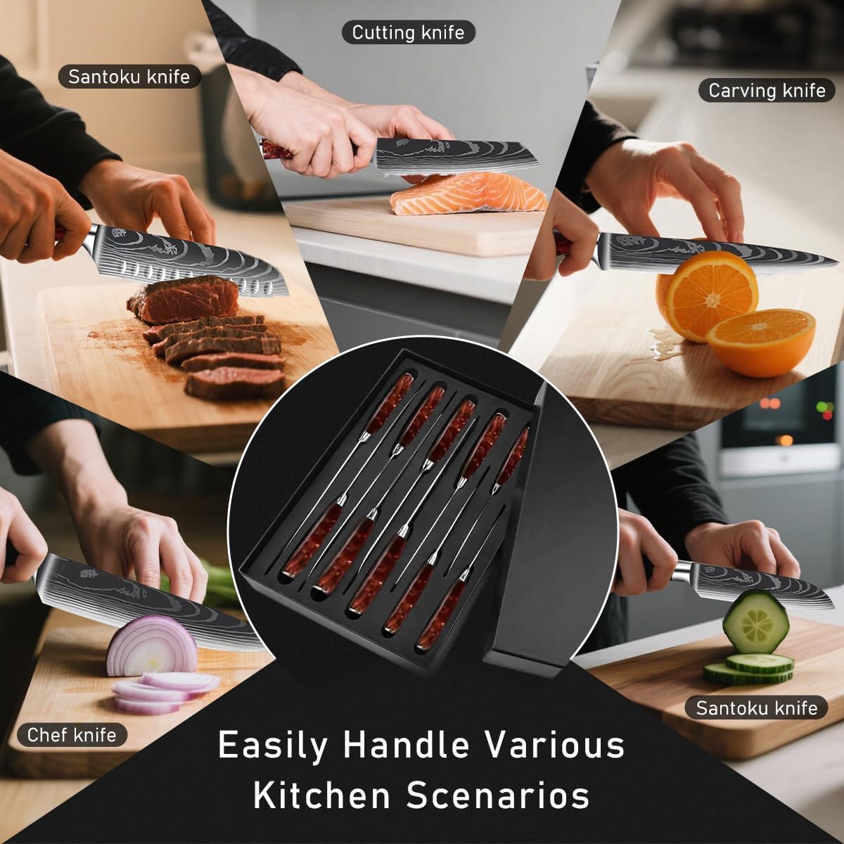 8-Piece Premium Japanese Kitchen Knife Set - Star Collection, Laser Damascus Pattern, 440A Stainless Steel Ultra Sharp for Fast Cutting (Blue 8J)