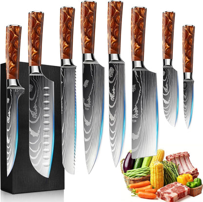 8-Piece Premium Japanese Kitchen Knife Set - Star Collection, Laser Damascus Pattern, 440A Stainless Steel Ultra Sharp for Fast Cutting (Blue 8J)
