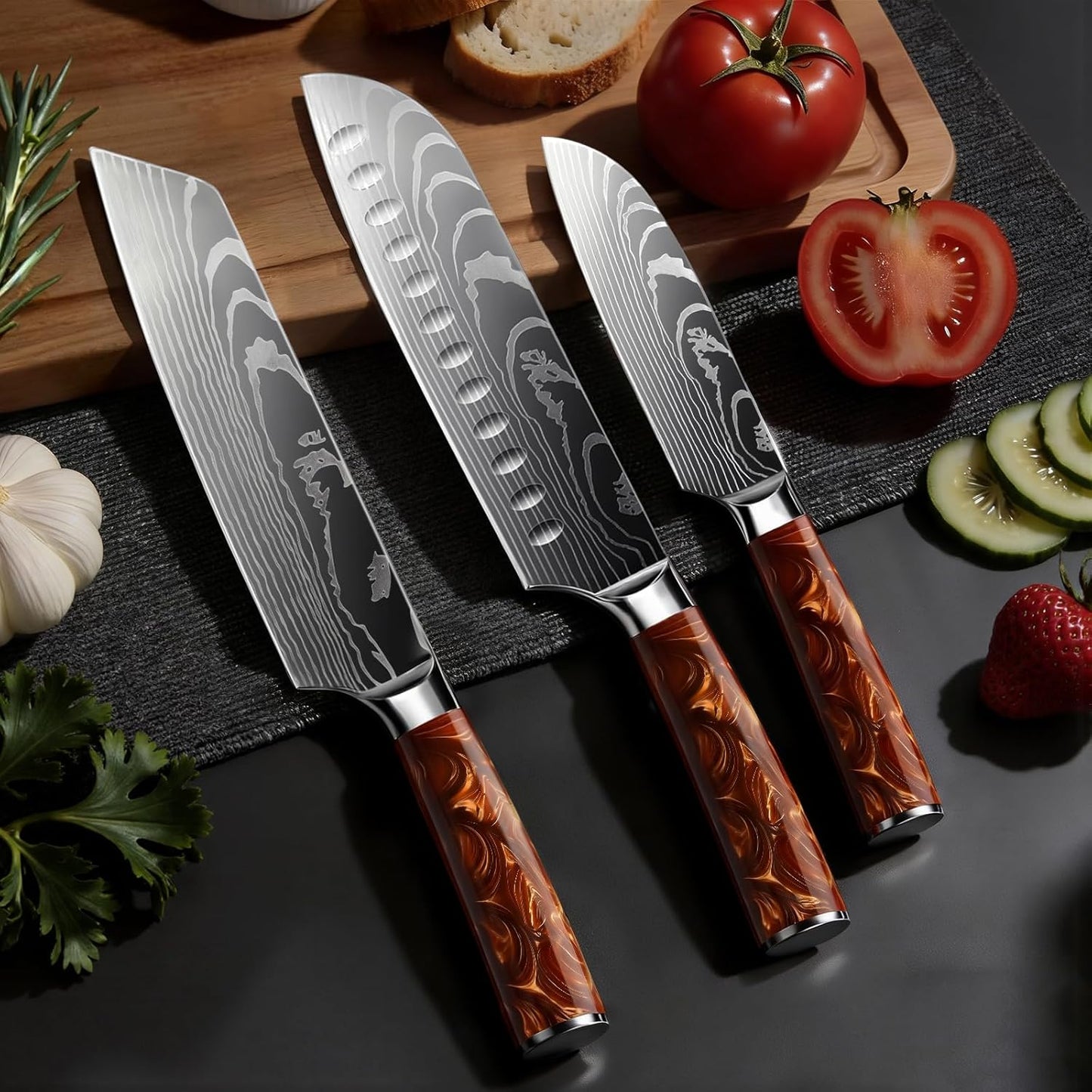 8-Piece Premium Japanese Kitchen Knife Set - Star Collection, Laser Damascus Pattern, 440A Stainless Steel Ultra Sharp for Fast Cutting (Blue 8J)