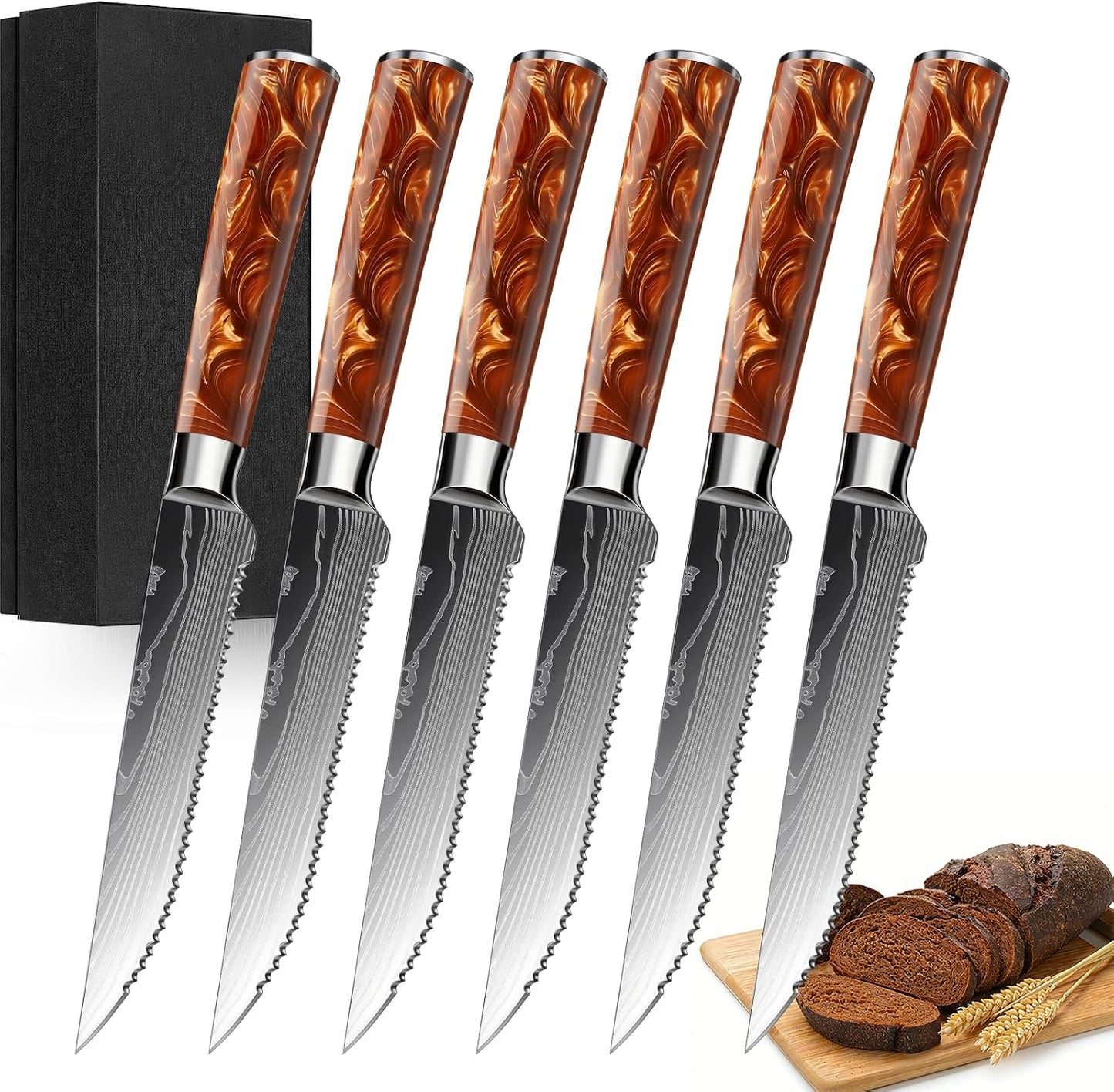 8-Piece Premium Japanese Kitchen Knife Set - Star Collection, Laser Damascus Pattern, 440A Stainless Steel Ultra Sharp for Fast Cutting (Blue 8J)