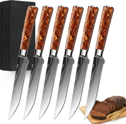 8-Piece Premium Japanese Kitchen Knife Set - Star Collection, Laser Damascus Pattern, 440A Stainless Steel Ultra Sharp for Fast Cutting (Blue 8J)