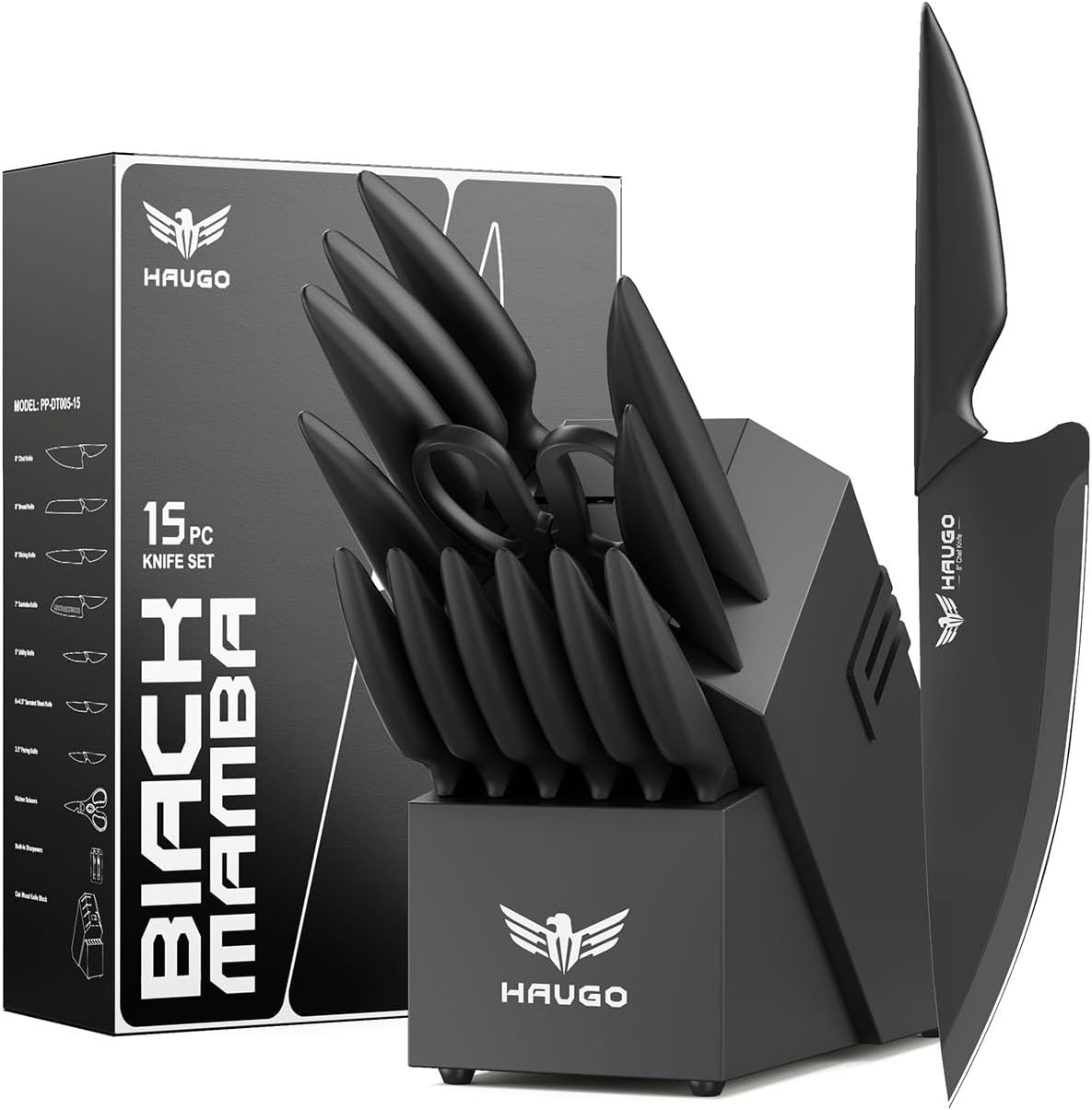 Kitchen Knife Set with Block: 15-Piece High Carbon Stainless Steel Professional Knives - Dishwasher Safe with Sharpener - Comfortable Grip Reduces Hand Fatigue 30% - Black