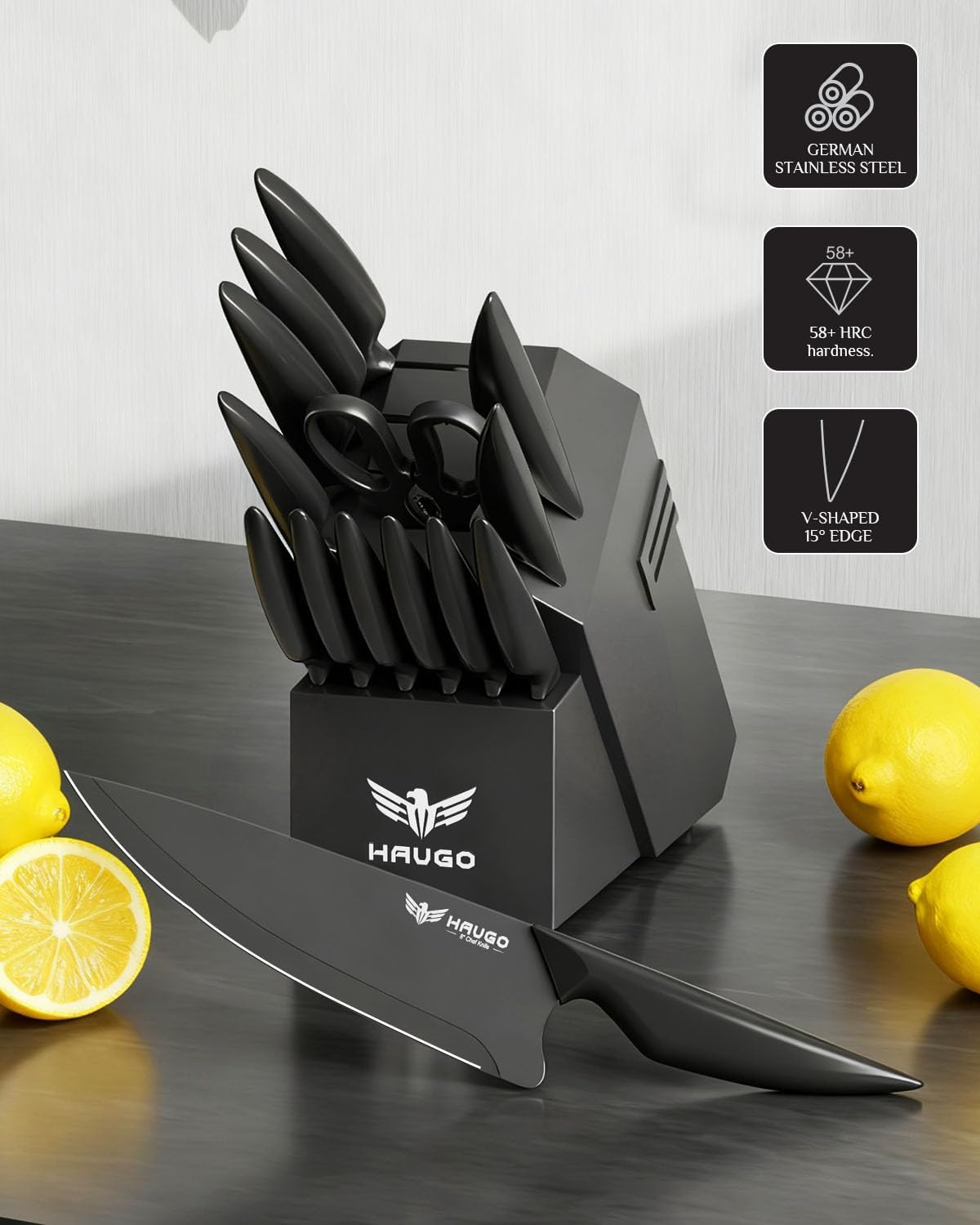Kitchen Knife Set with Block: 15-Piece High Carbon Stainless Steel Professional Knives - Dishwasher Safe with Sharpener - Comfortable Grip Reduces Hand Fatigue 30% - Black