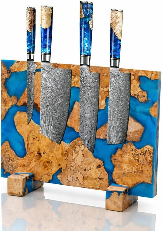 Magnetic Knife Block, Double Sided Knife Holder, Burl Maple Wood and Blue Resin, Holds 20 Knives, Non Slip Base (Blue)