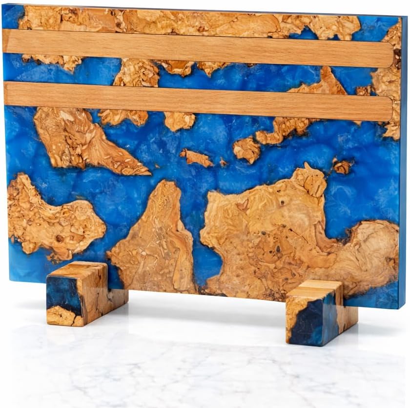 Magnetic Knife Block, Double Sided Knife Holder, Burl Maple Wood and Blue Resin, Holds 20 Knives, Non Slip Base (Blue)