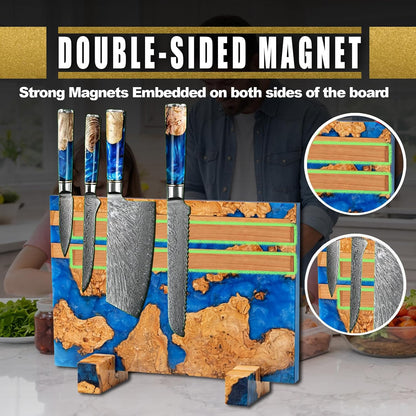 Magnetic Knife Block, Double Sided Knife Holder, Burl Maple Wood and Blue Resin, Holds 20 Knives, Non Slip Base (Blue)
