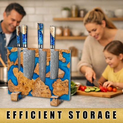 Magnetic Knife Block, Double Sided Knife Holder, Burl Maple Wood and Blue Resin, Holds 20 Knives, Non Slip Base (Blue)