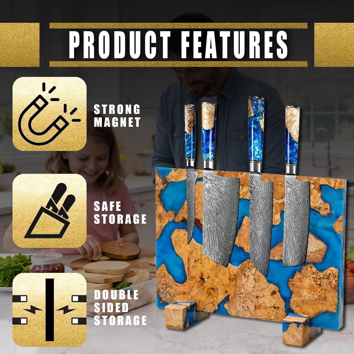 Magnetic Knife Block, Double Sided Knife Holder, Burl Maple Wood and Blue Resin, Holds 20 Knives, Non Slip Base (Blue)