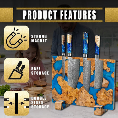 Magnetic Knife Block, Double Sided Knife Holder, Burl Maple Wood and Blue Resin, Holds 20 Knives, Non Slip Base (Blue)